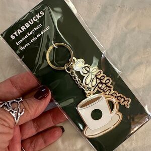 Starbucks Gold and White Enamel Coffee Cup Keychain